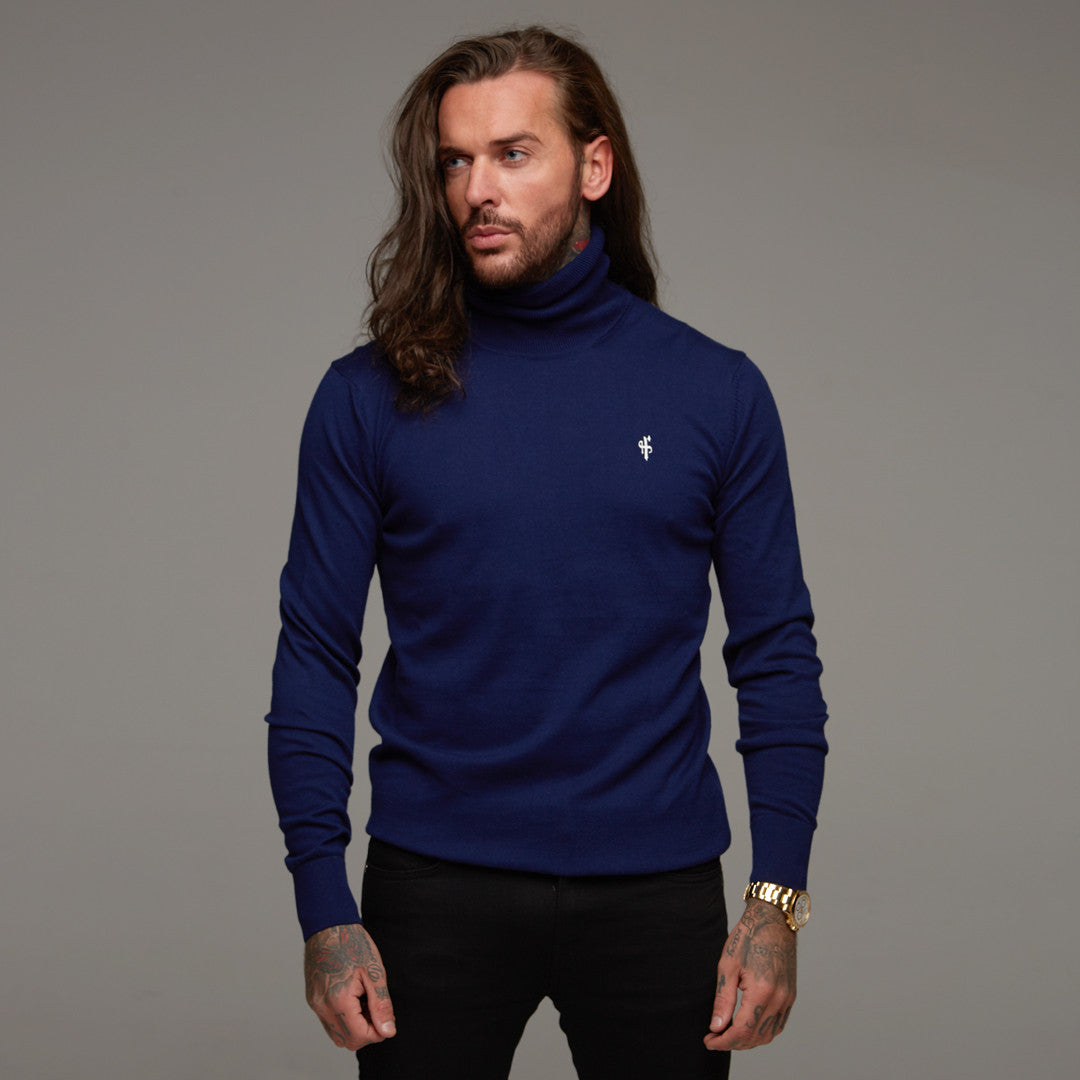 Classic Navy Roll Neck Knitted Jumper (White Emblem) - FSH082