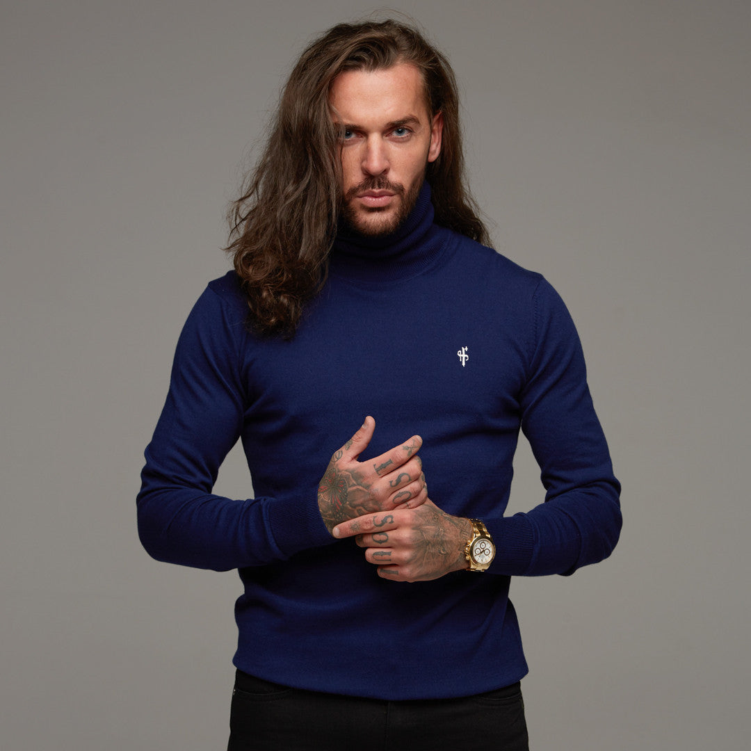 Classic Navy Roll Neck Knitted Jumper (White Emblem) - FSH082
