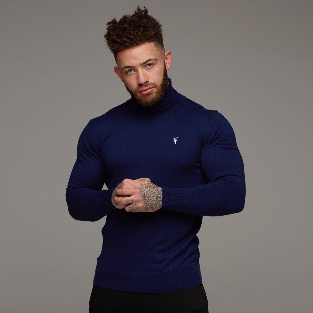Classic Navy Roll Neck Knitted Jumper (White Emblem) - FSH082