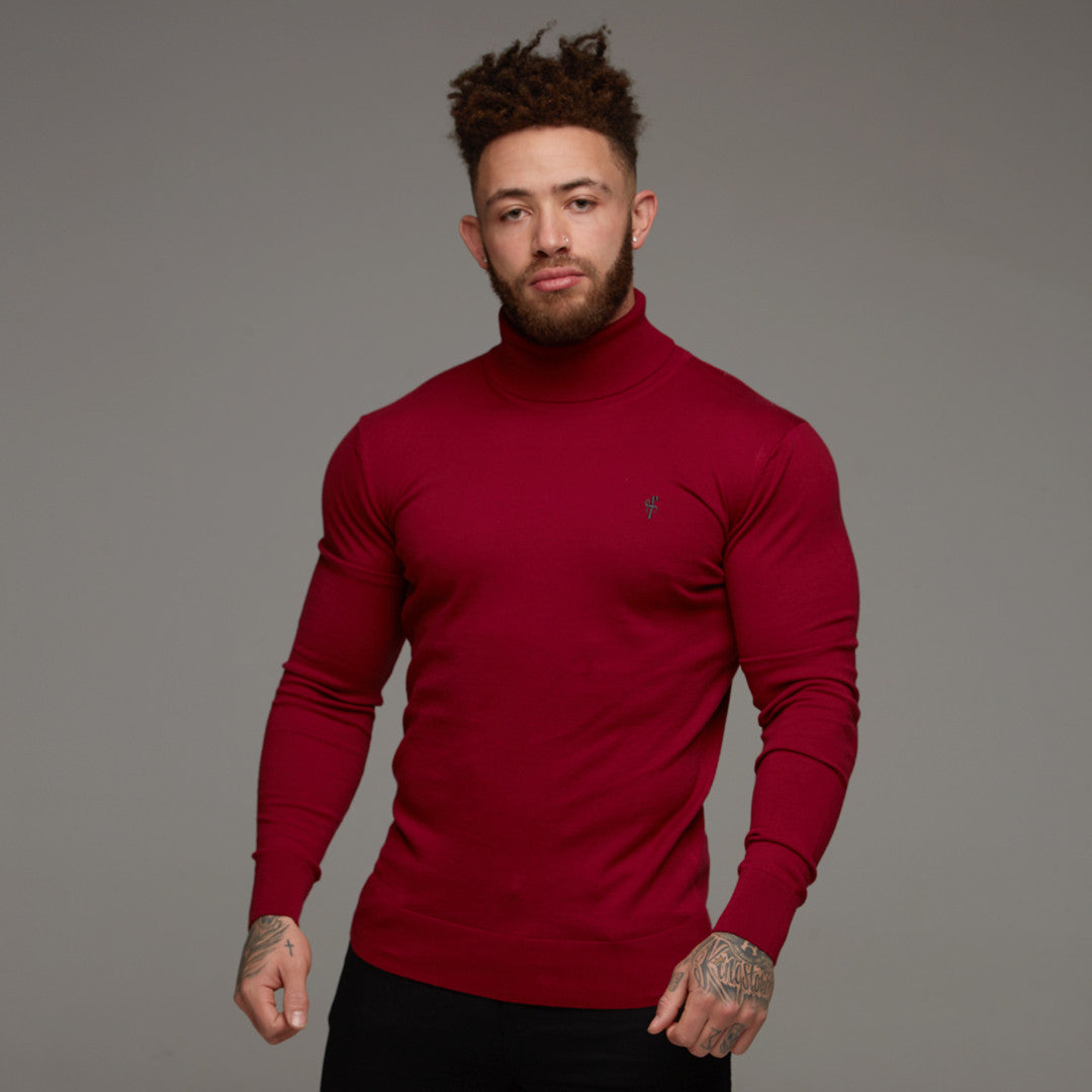 Classic Red Roll Neck Knitted Jumper (Charcoal Emblem) - FSH086 (LAST CHANCE)