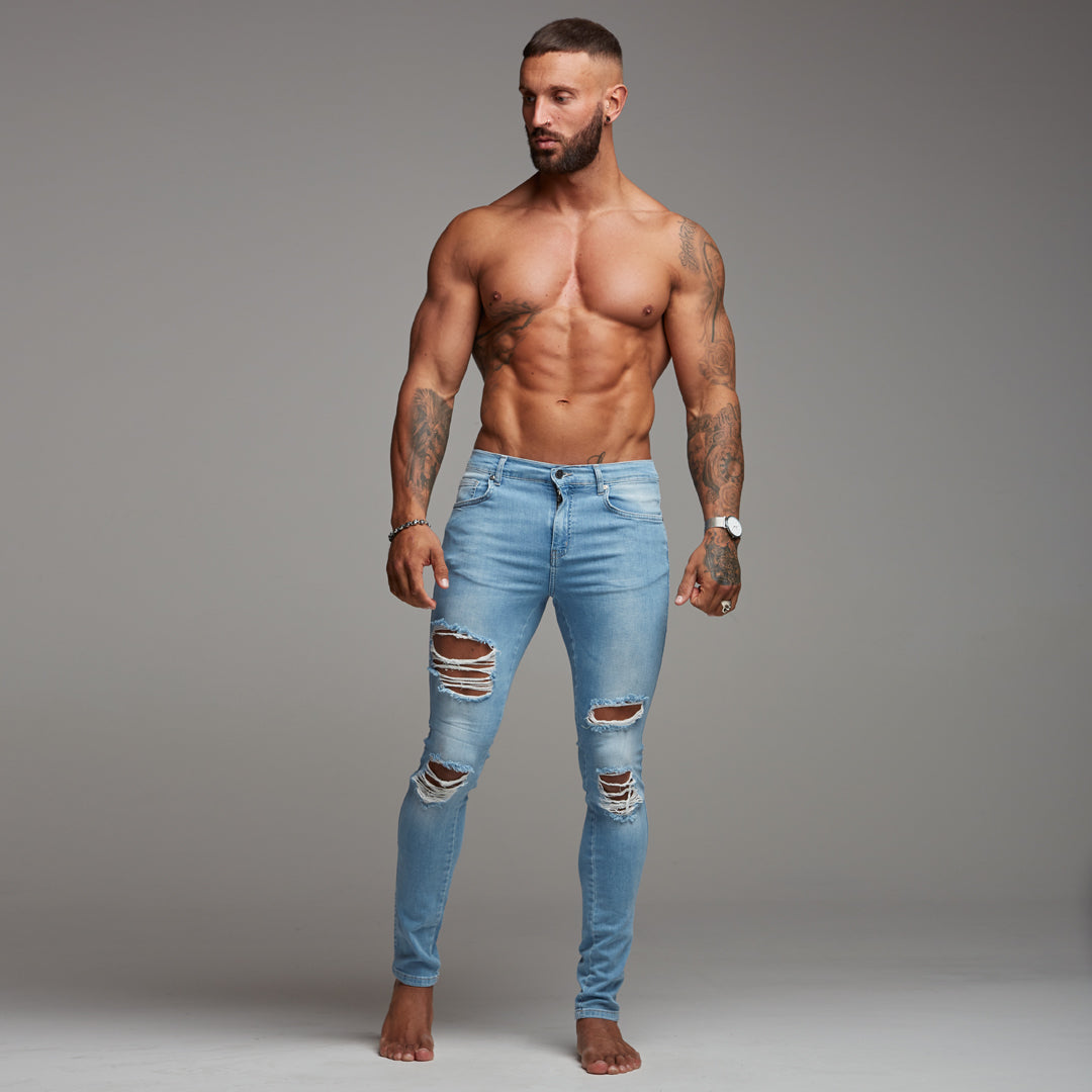 Distressed Ripped Slim Stretch Light Blue Jeans - FSH167