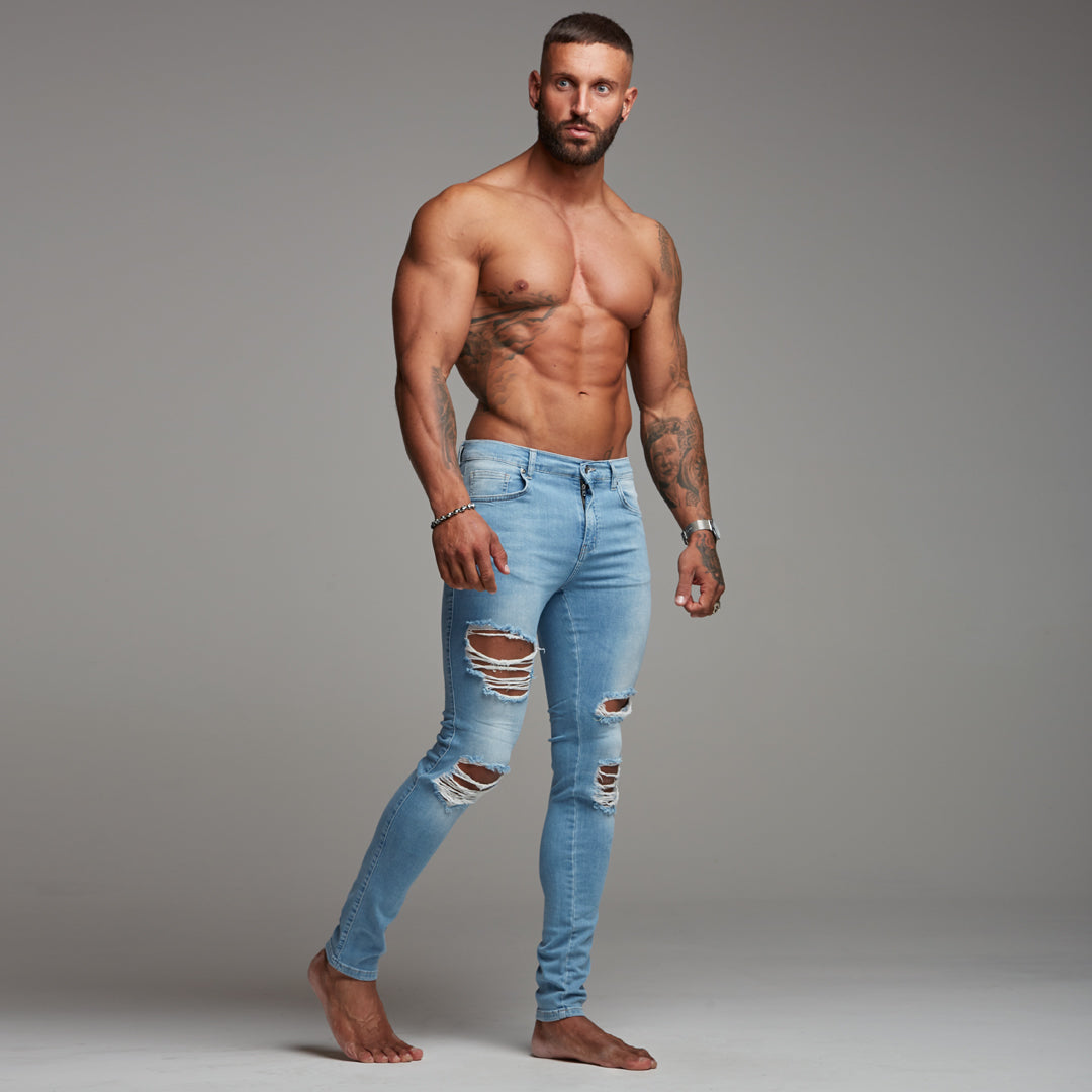 Distressed Ripped Slim Stretch Light Blue Jeans - FSH167