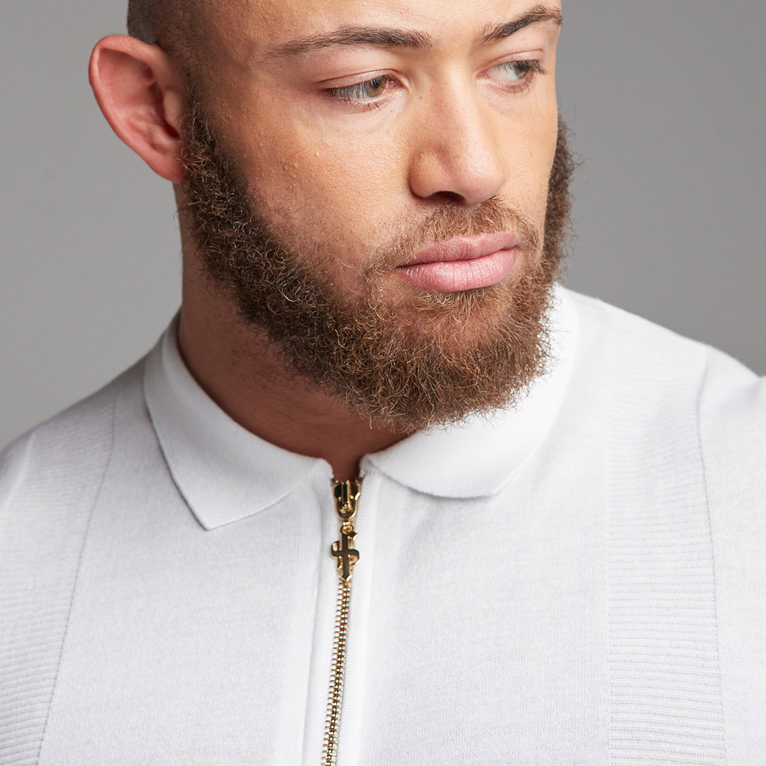 Classic White and Gold Zip Knitted Short Sleeve Polo Shirt - FSH175