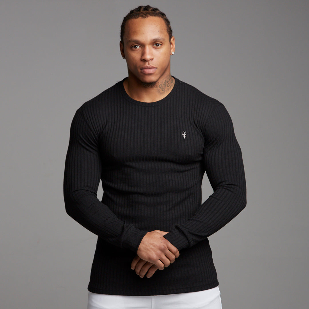 Classic Black Ribbed Knit Super Slim Crew - FSH162
