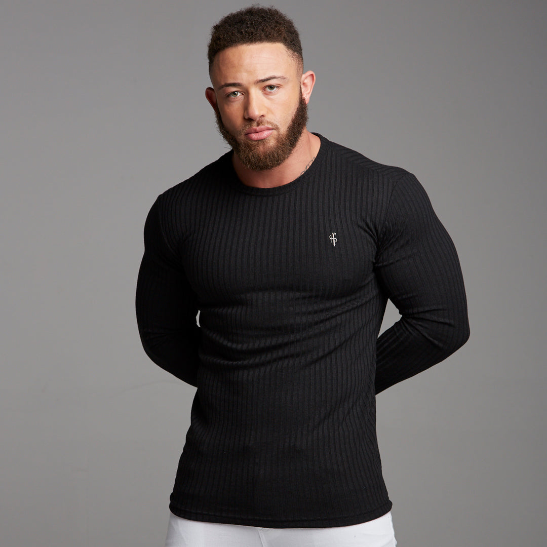 Classic Black Ribbed Knit Super Slim Crew - FSH162