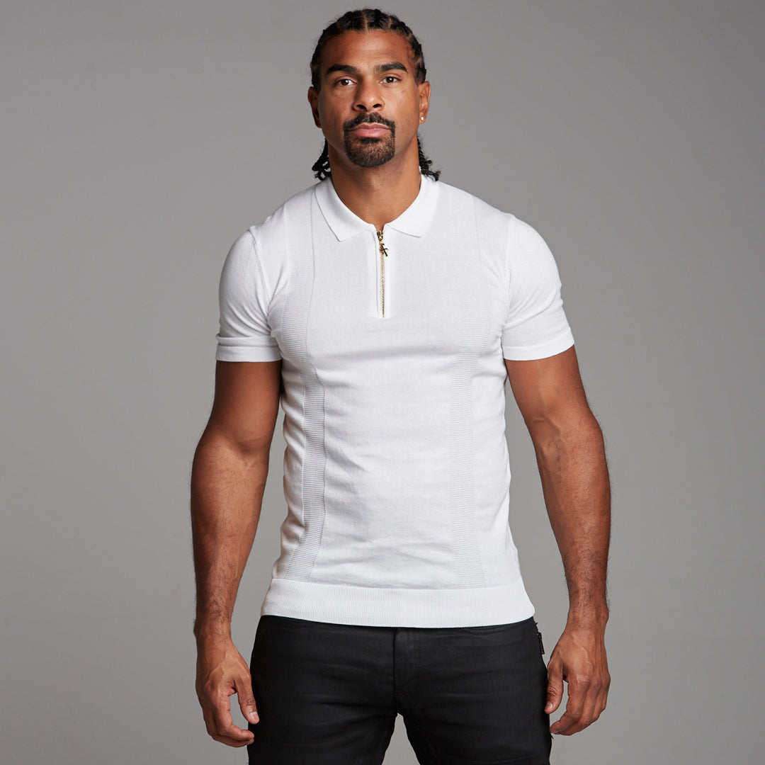 Classic White and Gold Zip Knitted Short Sleeve Polo Shirt - FSH175
