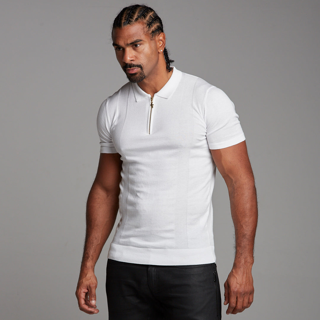 Classic White and Gold Zip Knitted Short Sleeve Polo Shirt - FSH175