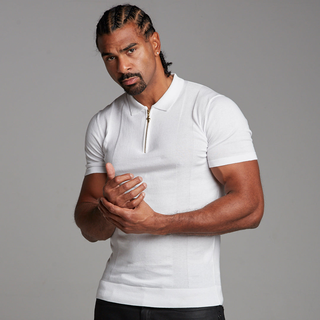 Classic White and Gold Zip Knitted Short Sleeve Polo Shirt - FSH175