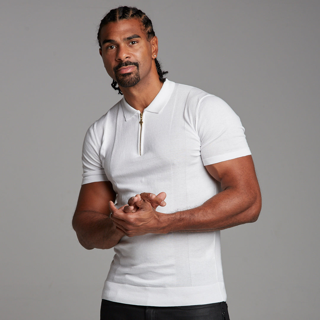 Classic White and Gold Zip Knitted Short Sleeve Polo Shirt - FSH175