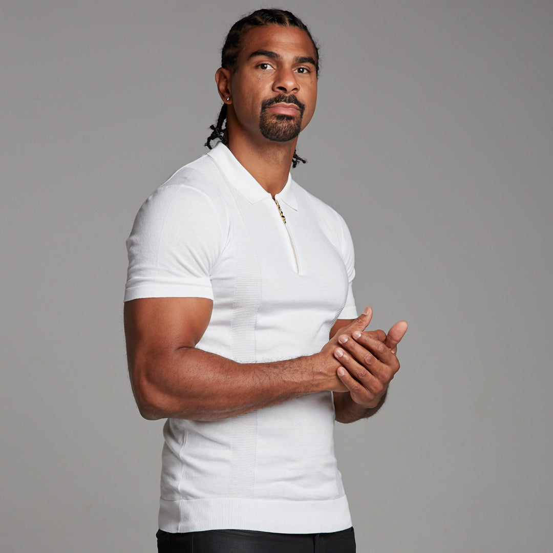 Classic White and Gold Zip Knitted Short Sleeve Polo Shirt - FSH175