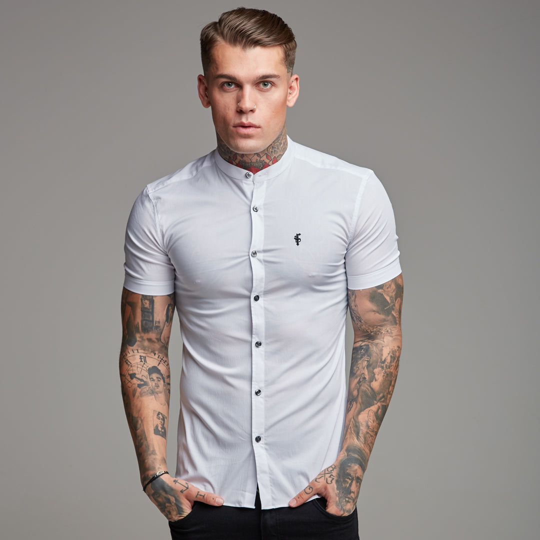 Super Slim Stretch Classic White Grandad Collar Short Sleeve - FS172