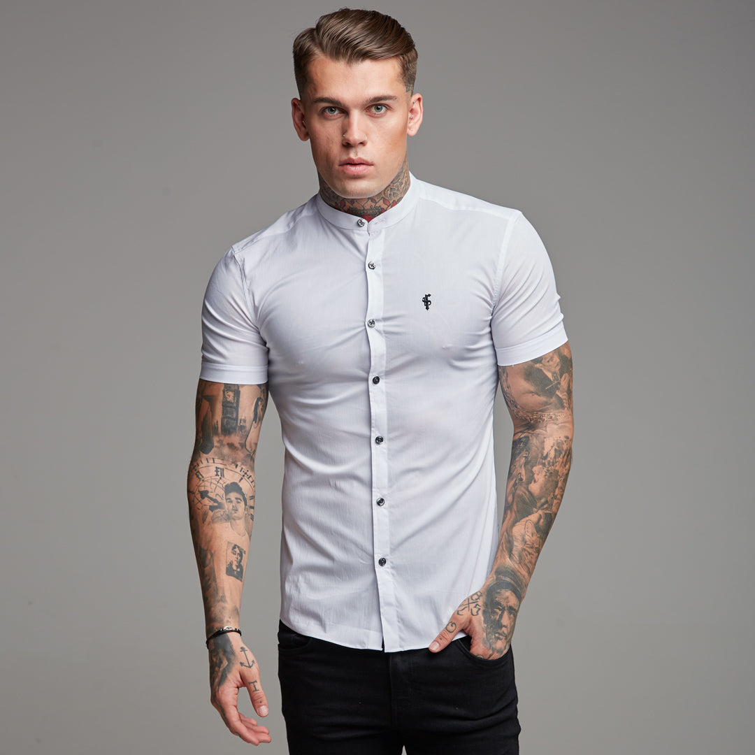 Super Slim Stretch Classic White Grandad Collar Short Sleeve - FS172