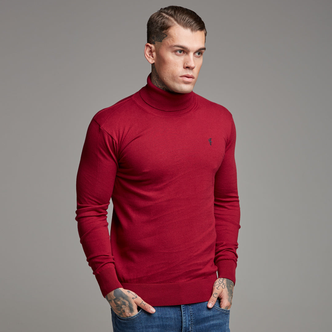 Classic Red Roll Neck Knitted Jumper (Charcoal Emblem) - FSH086 (LAST CHANCE)