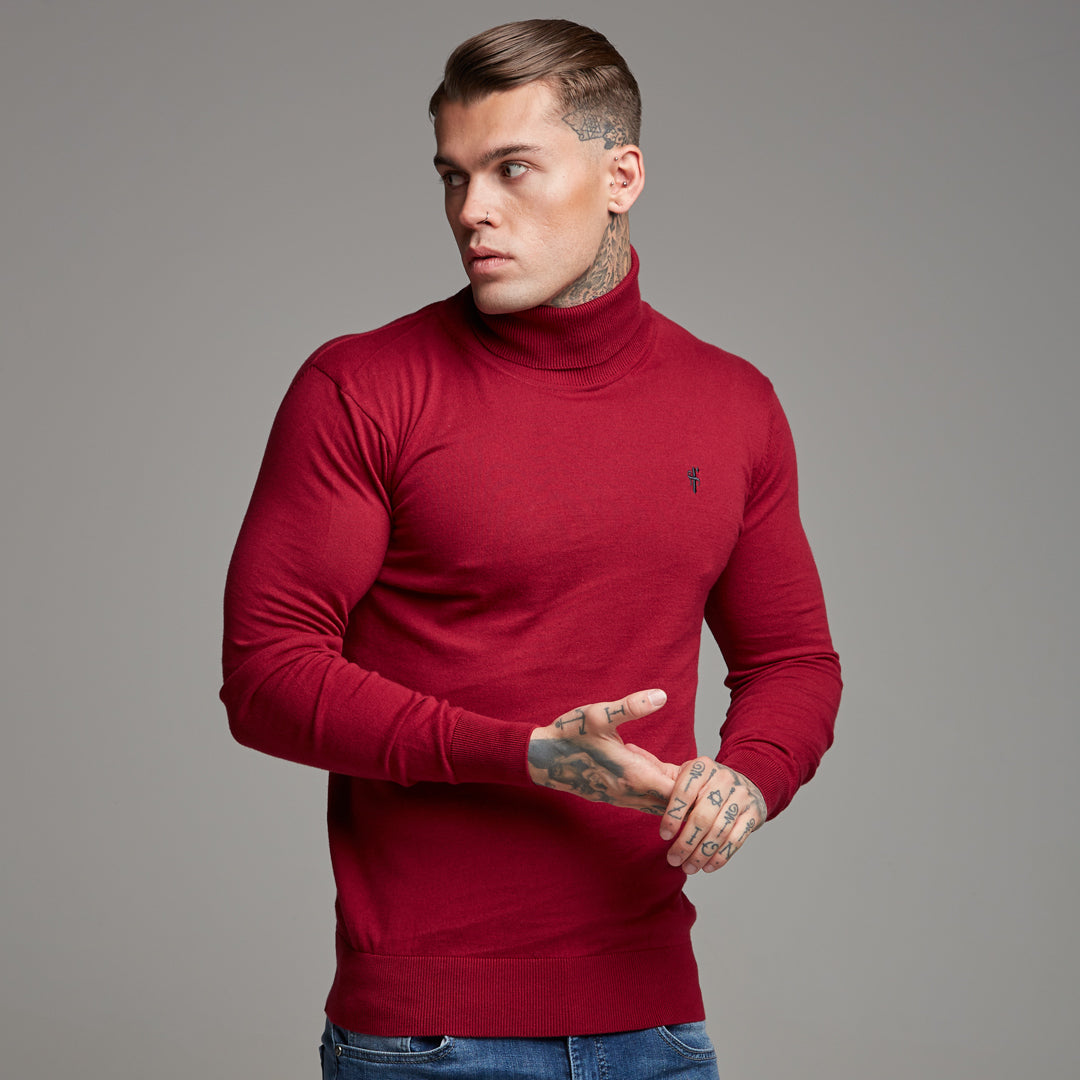 Classic Red Roll Neck Knitted Jumper (Charcoal Emblem) - FSH086 (LAST CHANCE)