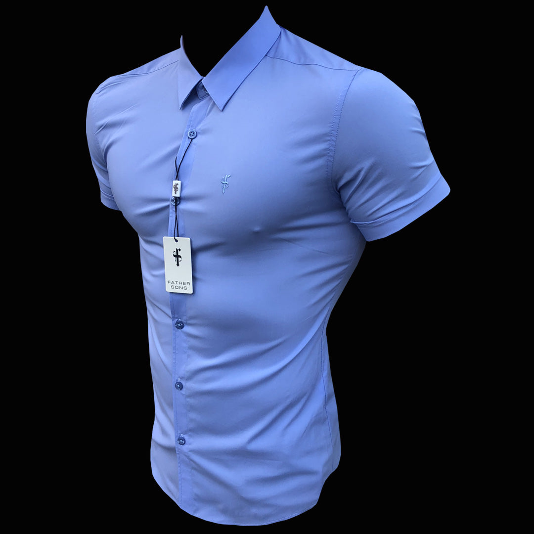 Super Slim Stretch Classic Light Blue Short Sleeve (Blue Embroidery) - FS221 (LAST CHANCE)