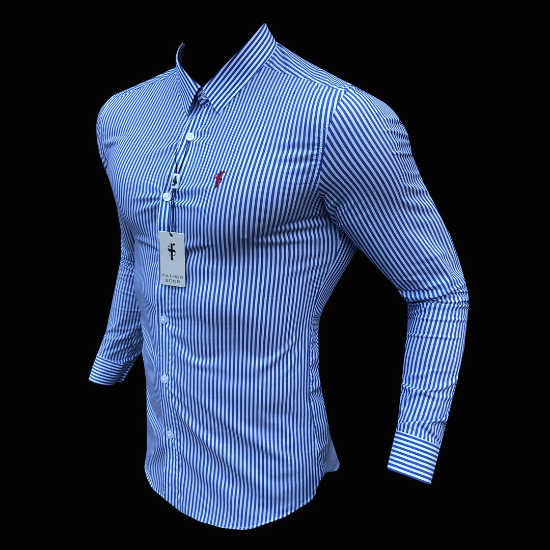 Super Slim Stretch White & Navy Stripe (Red Emblem) - FS513