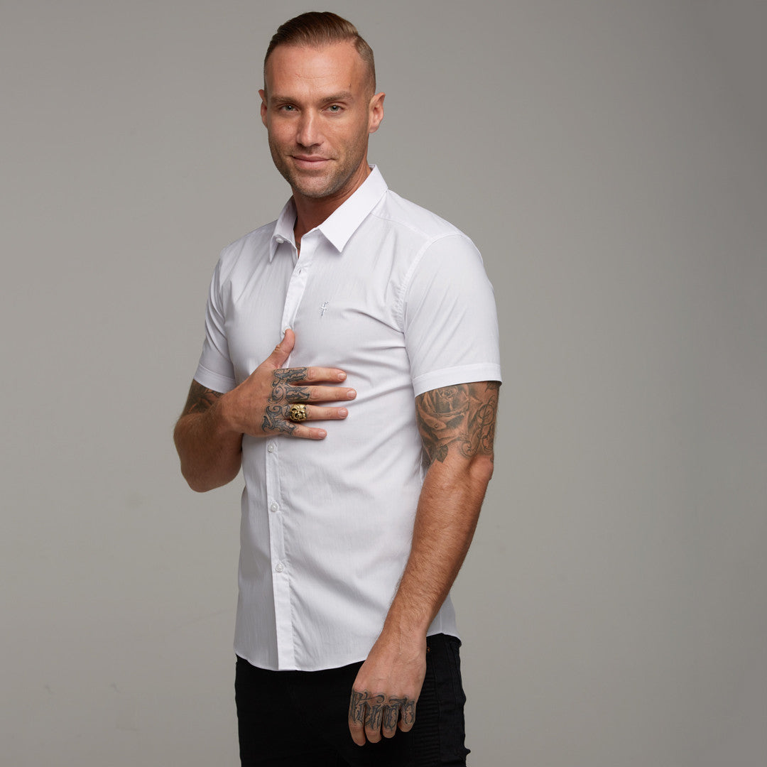 Super Slim Stretch Classic White Short Sleeve (White Embroidery) - FS219