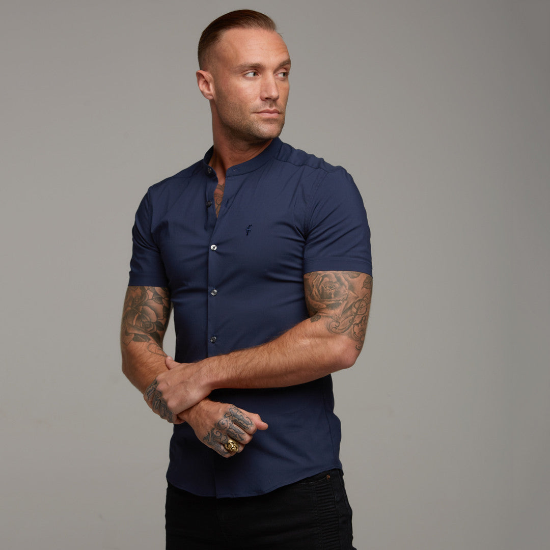 Super Slim Stretch Classic Navy Grandad Collar Short Sleeve - FS182