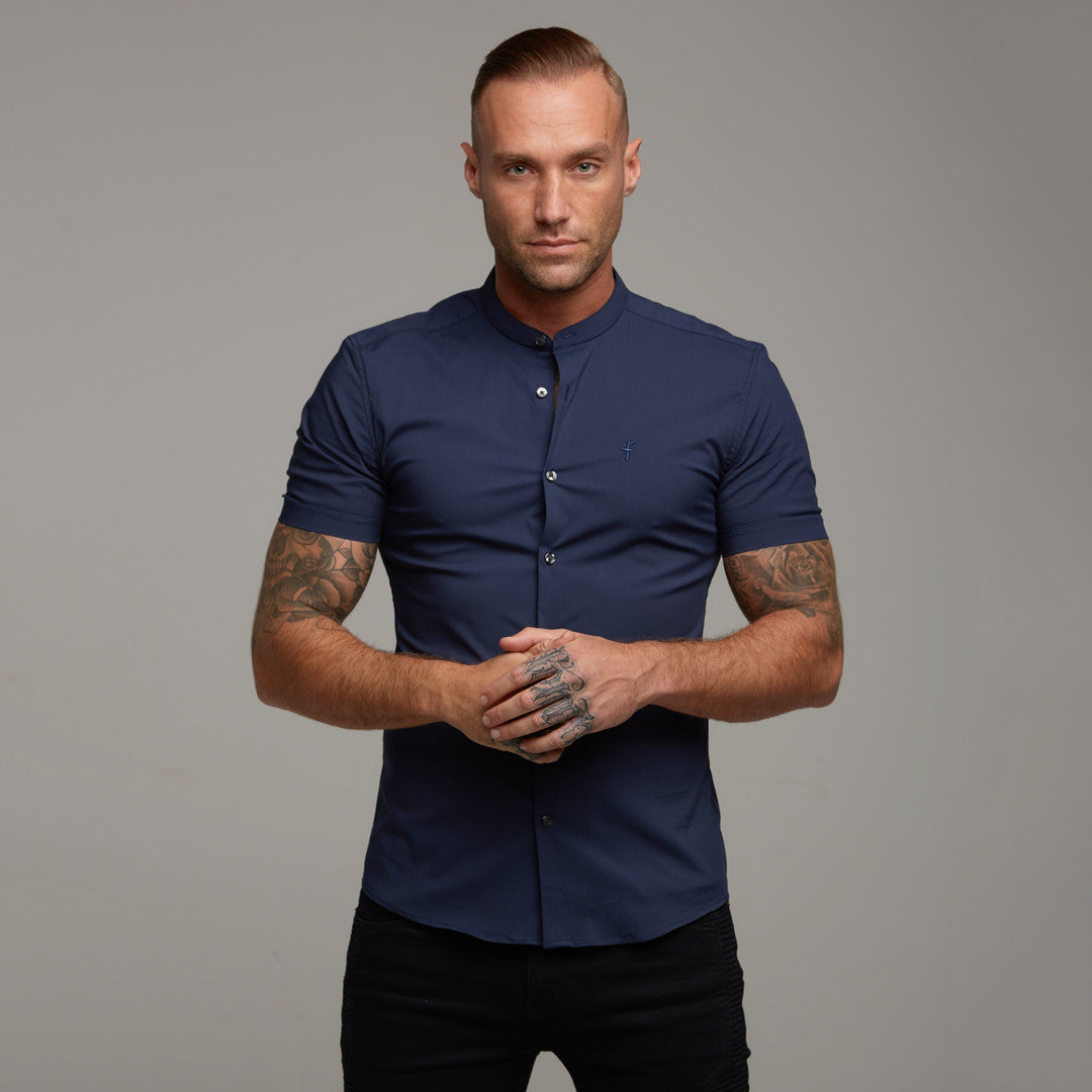 Super Slim Stretch Classic Navy Grandad Collar Short Sleeve - FS182