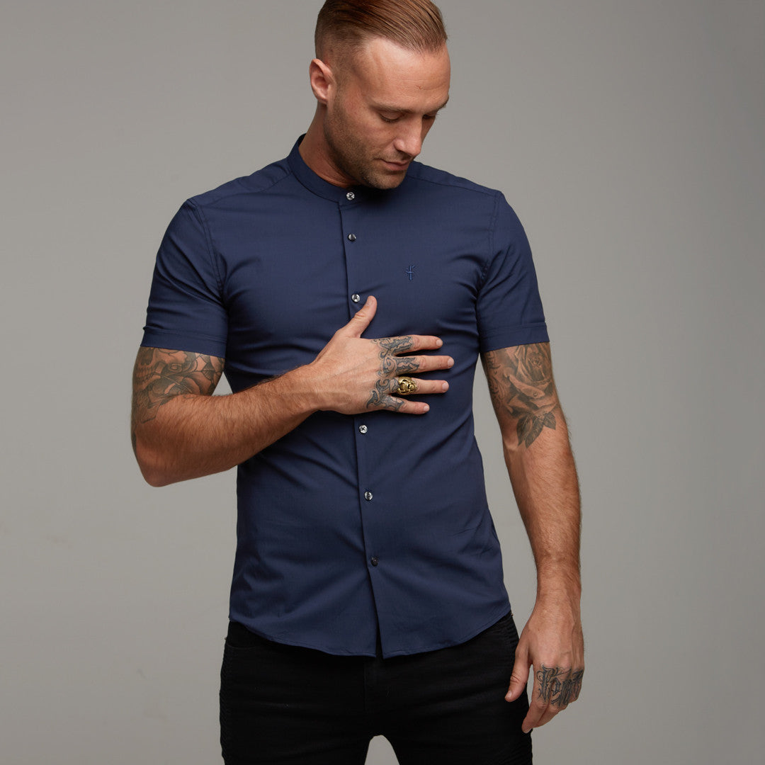 Super Slim Stretch Classic Navy Grandad Collar Short Sleeve - FS182