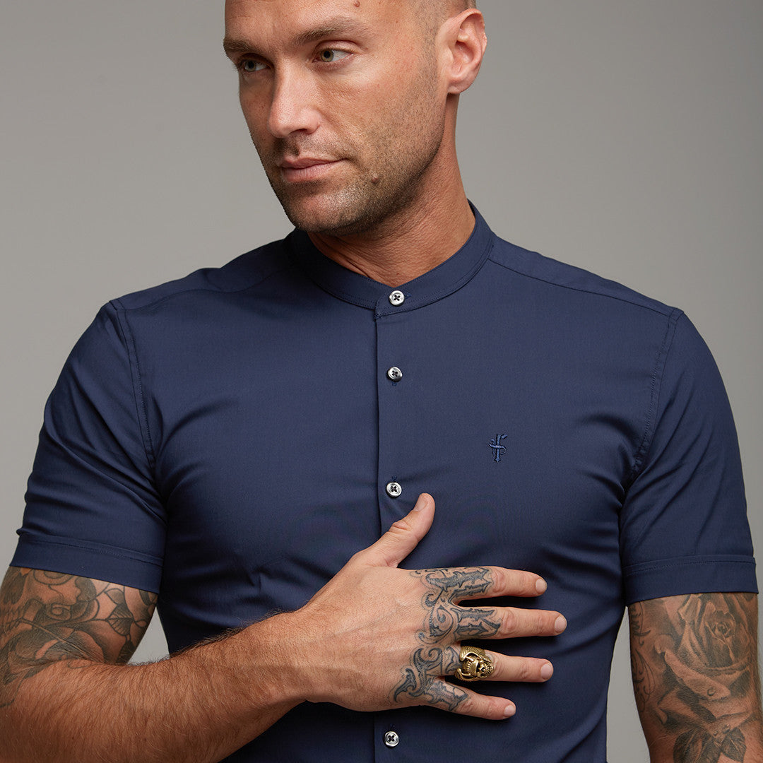 Super Slim Stretch Classic Navy Grandad Collar Short Sleeve - FS182