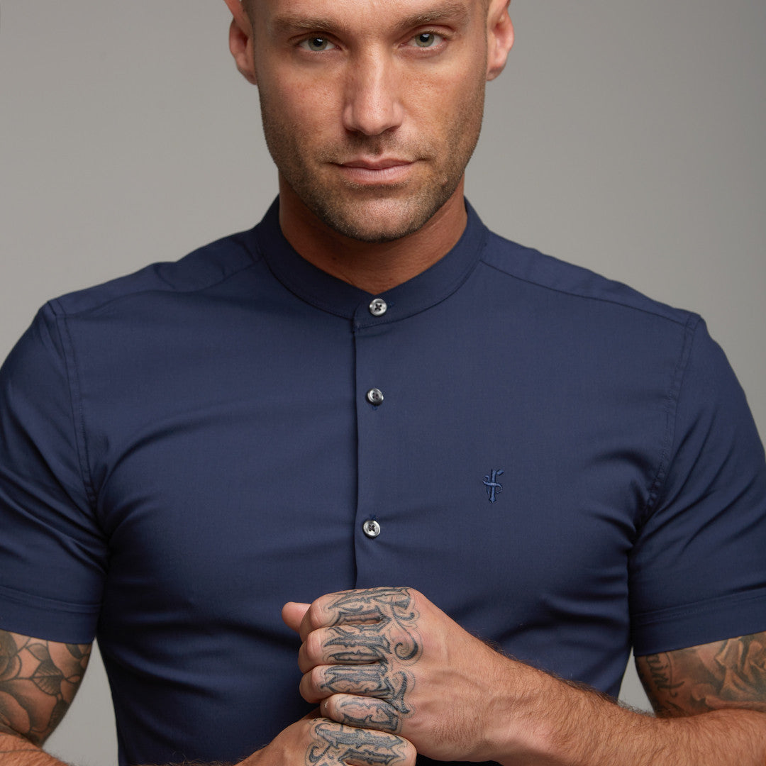Super Slim Stretch Classic Navy Grandad Collar Short Sleeve - FS182