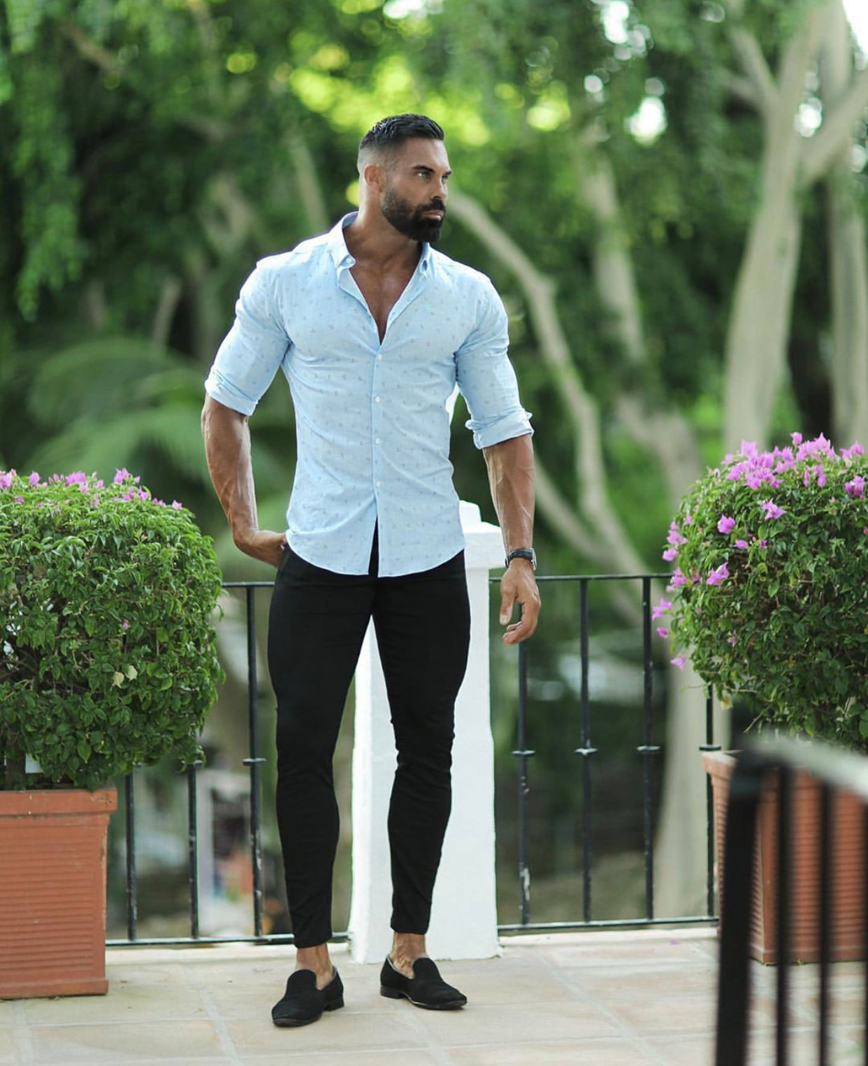 Super Slim Stretch Light Blue Multi Floral Print Long Sleeve - FS668