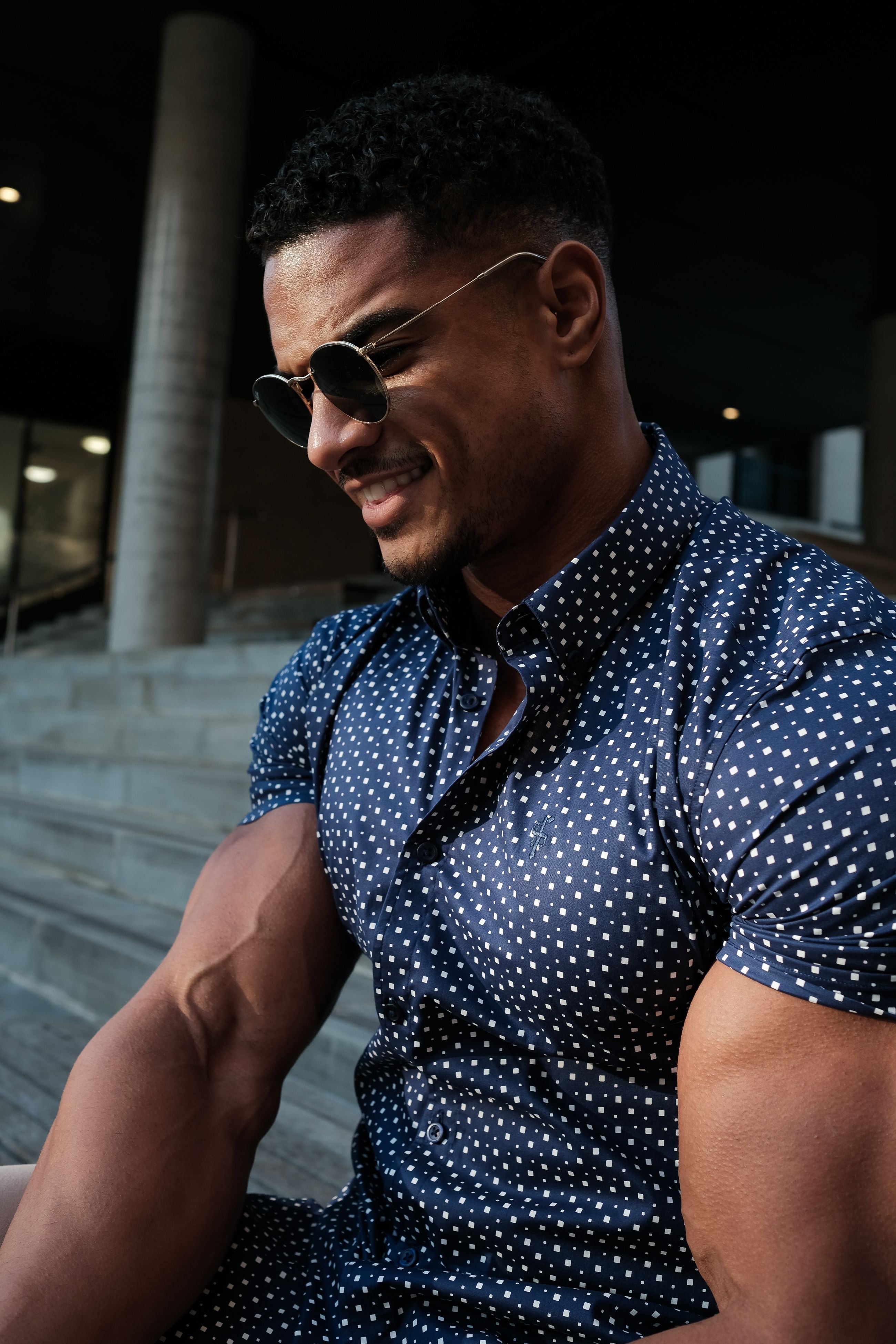 Super Slim Stretch Blue & White Multi Square Print Short Sleeve - FS696