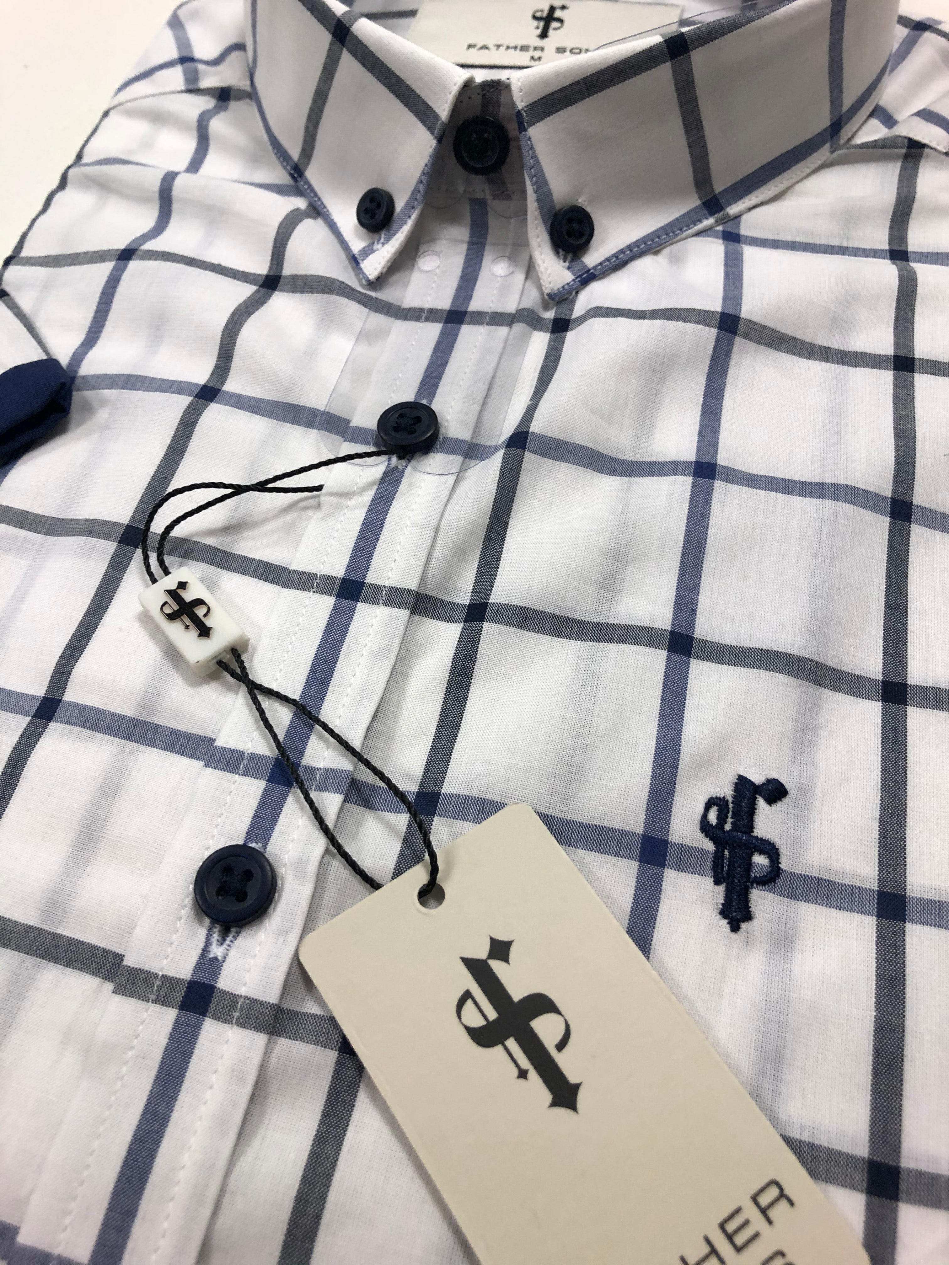 Classic White Navy Check Print Short Sleeve - FS192