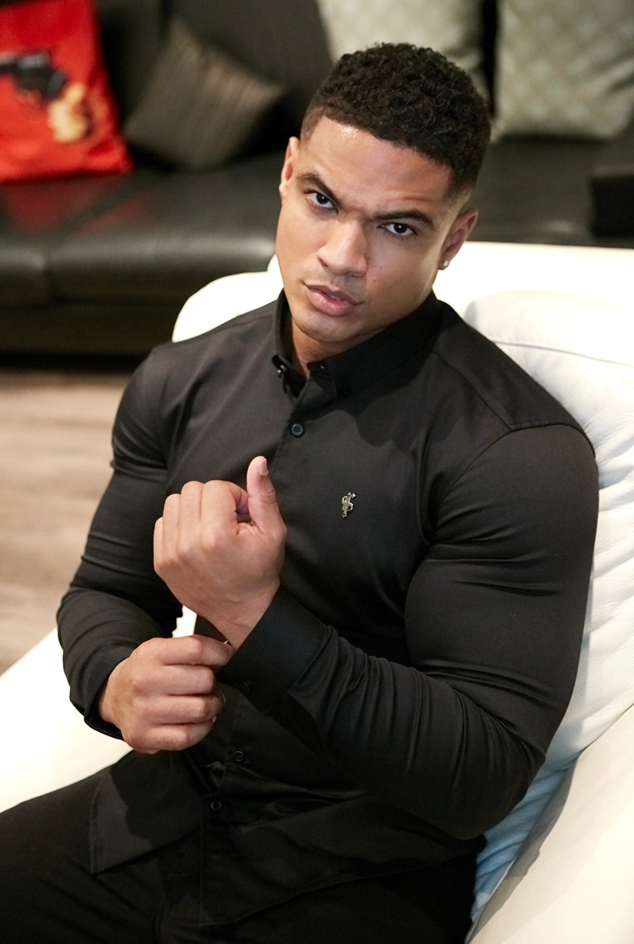 Super Slim Stretch Black Denim Long Sleeve with Metal Decal Emblem - FS642