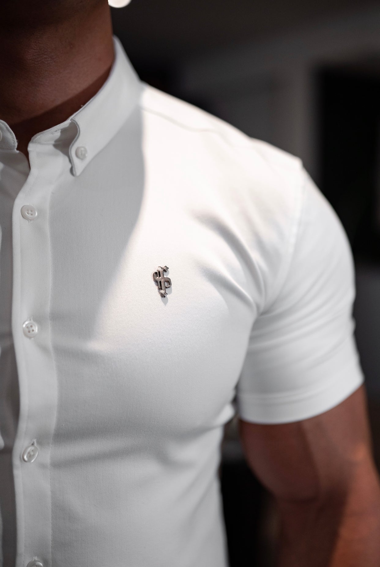 Super Slim Stretch White Denim Short Sleeve with Metal Decal Emblem - FS627