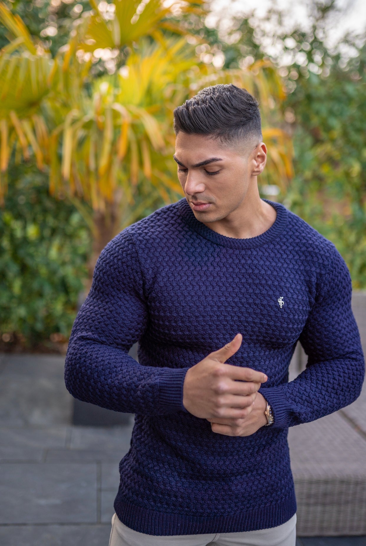 Navy Knitted Weave Super Slim Jumper With Metal Decal - FSJ013