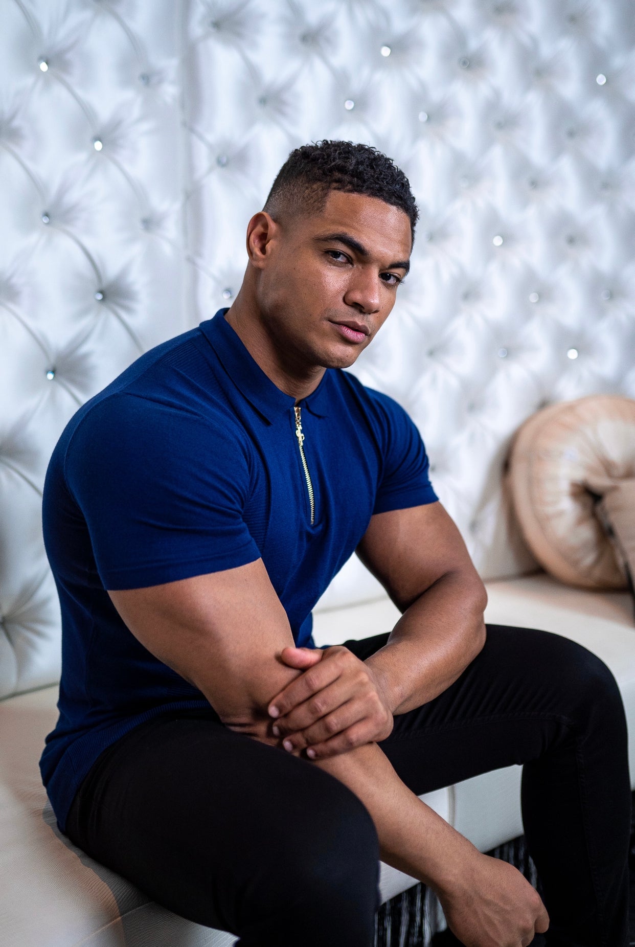 Classic Navy and Gold Zip Knitted Short Sleeve Polo Shirt - FSH417