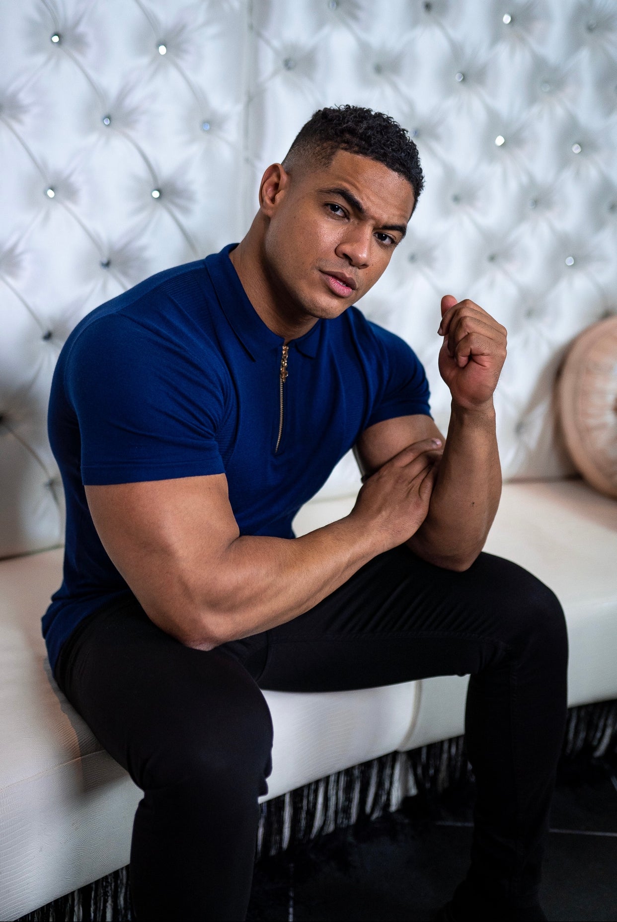 Classic Navy and Gold Zip Knitted Short Sleeve Polo Shirt - FSH417