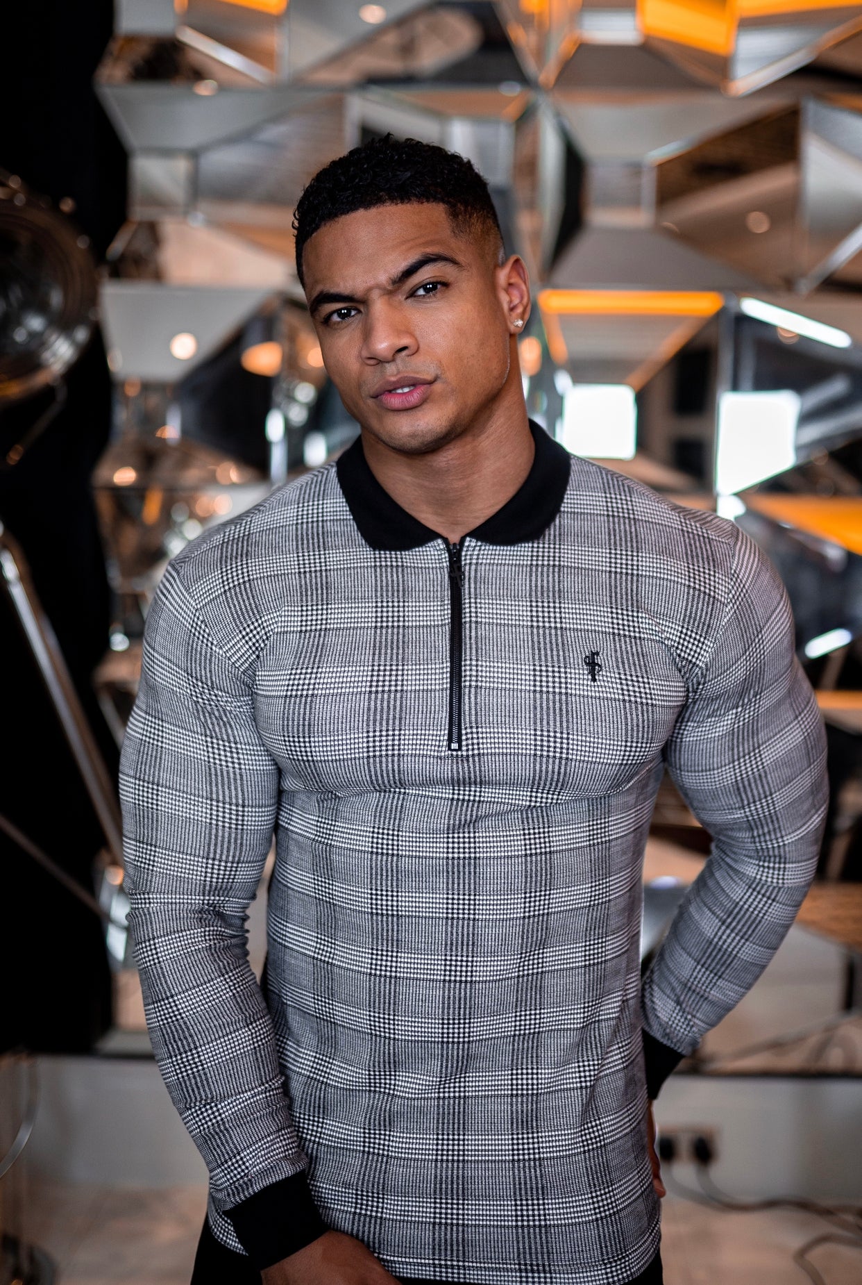 Prince Of Wales Zipped Long Sleeve Polo Shirt- FSH437