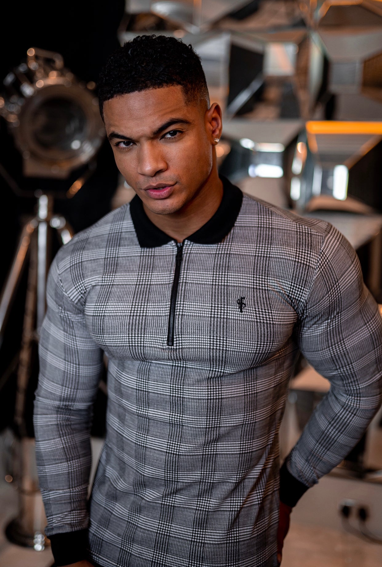 Prince Of Wales Zipped Long Sleeve Polo Shirt- FSH437