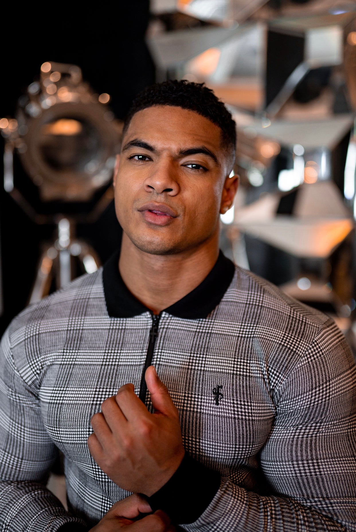 Prince Of Wales Zipped Long Sleeve Polo Shirt- FSH437