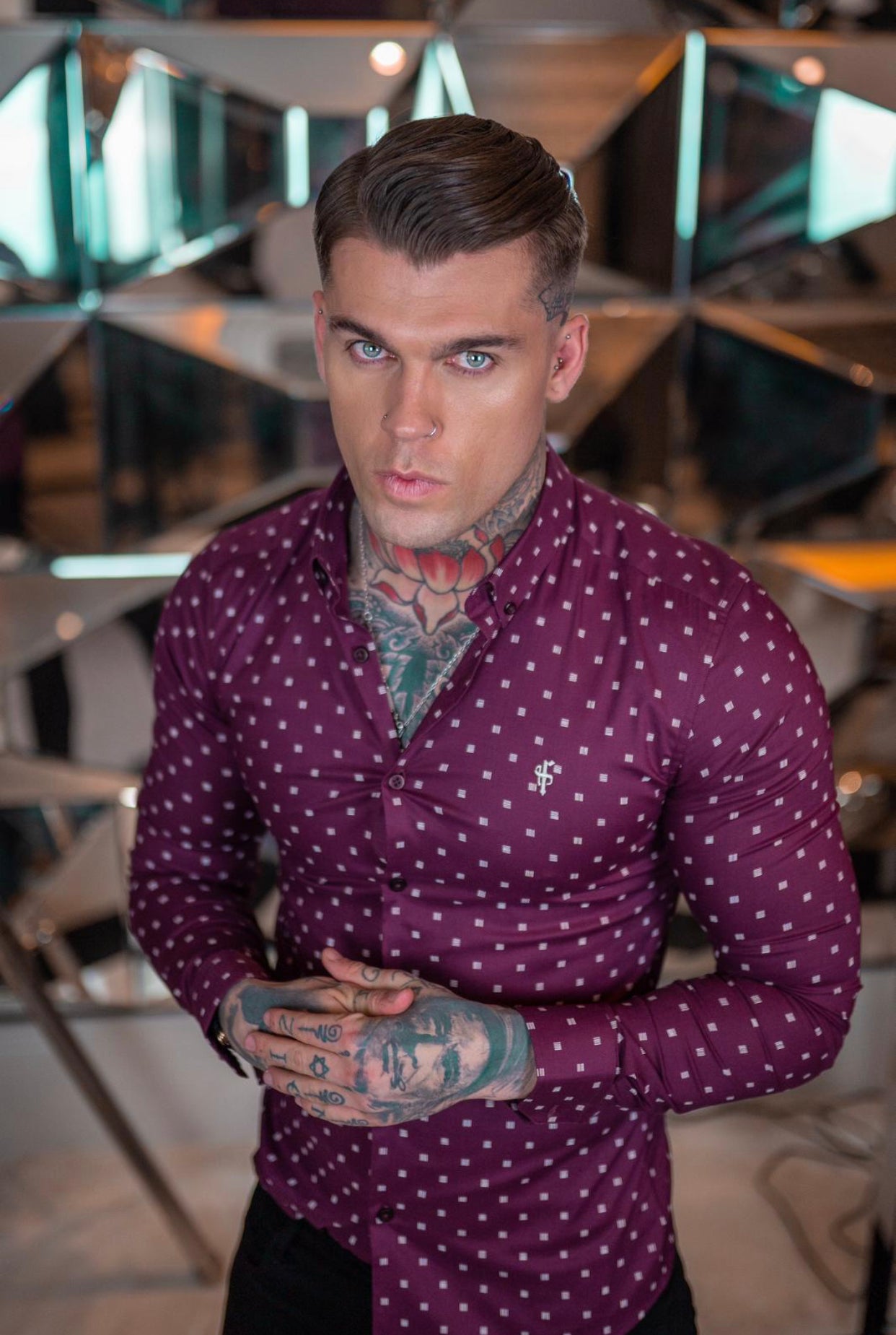 Super Slim Stretch Burgundy & White Broken Square Print Long Sleeve - FS660