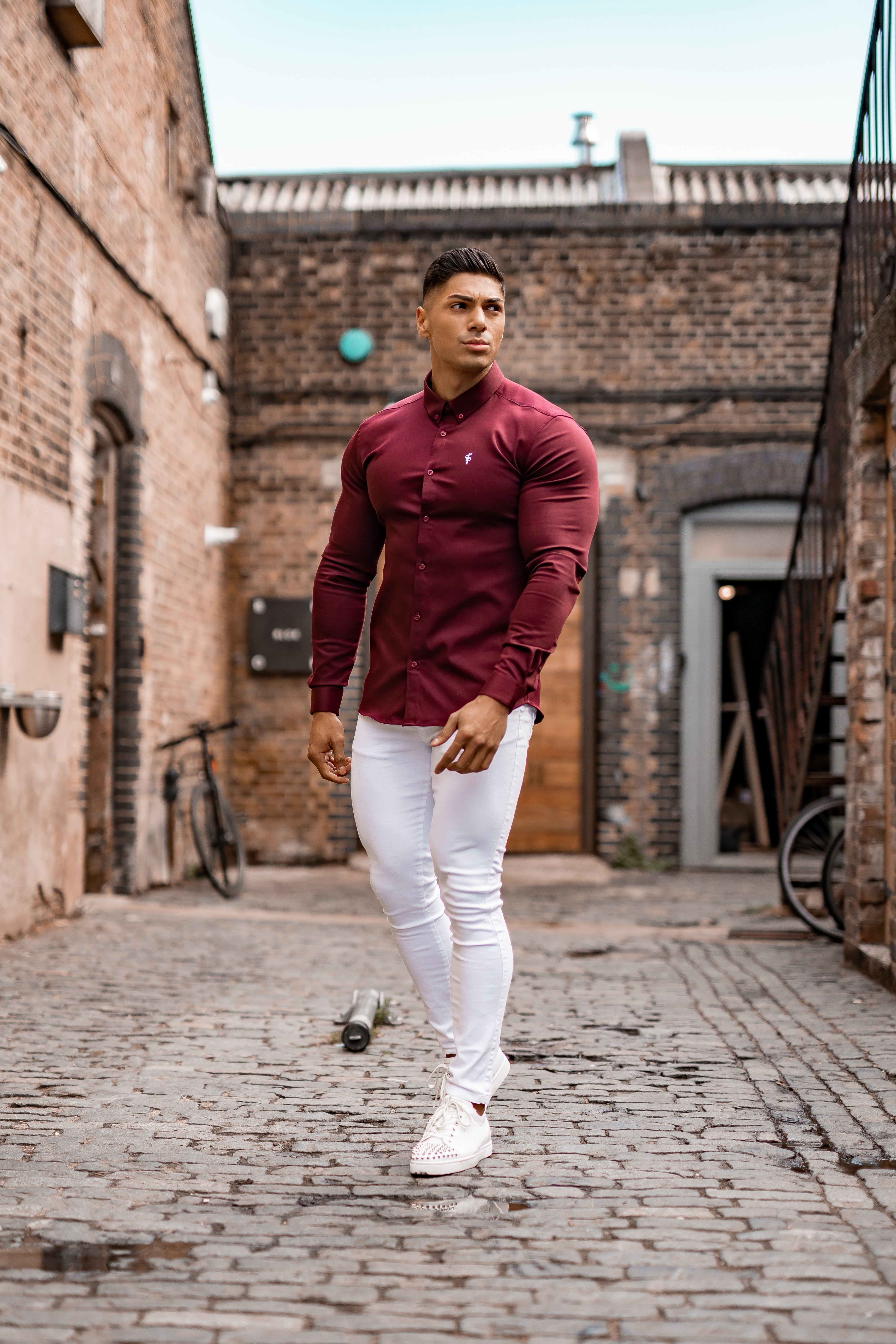 Super Slim Stretch Burgundy Denim Long Sleeve - FS212