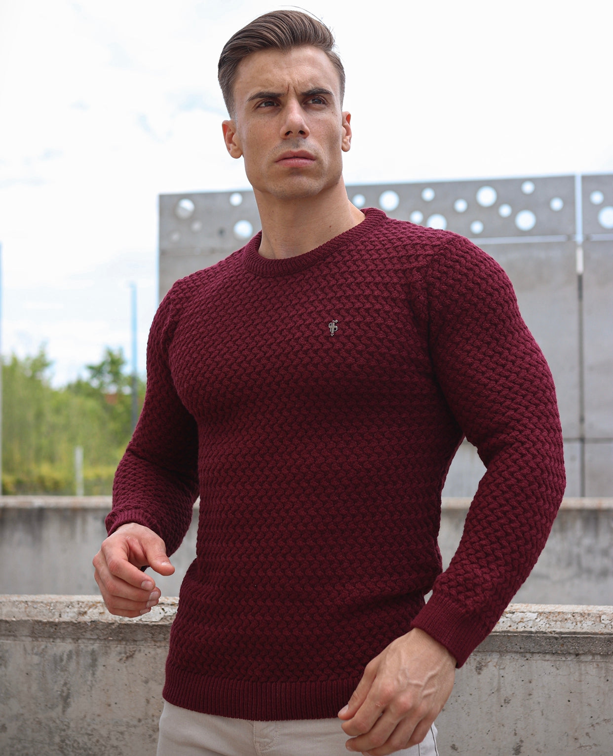 Burgundy Knitted Weave Super Slim Jumper With Metal Decal - FSJ017