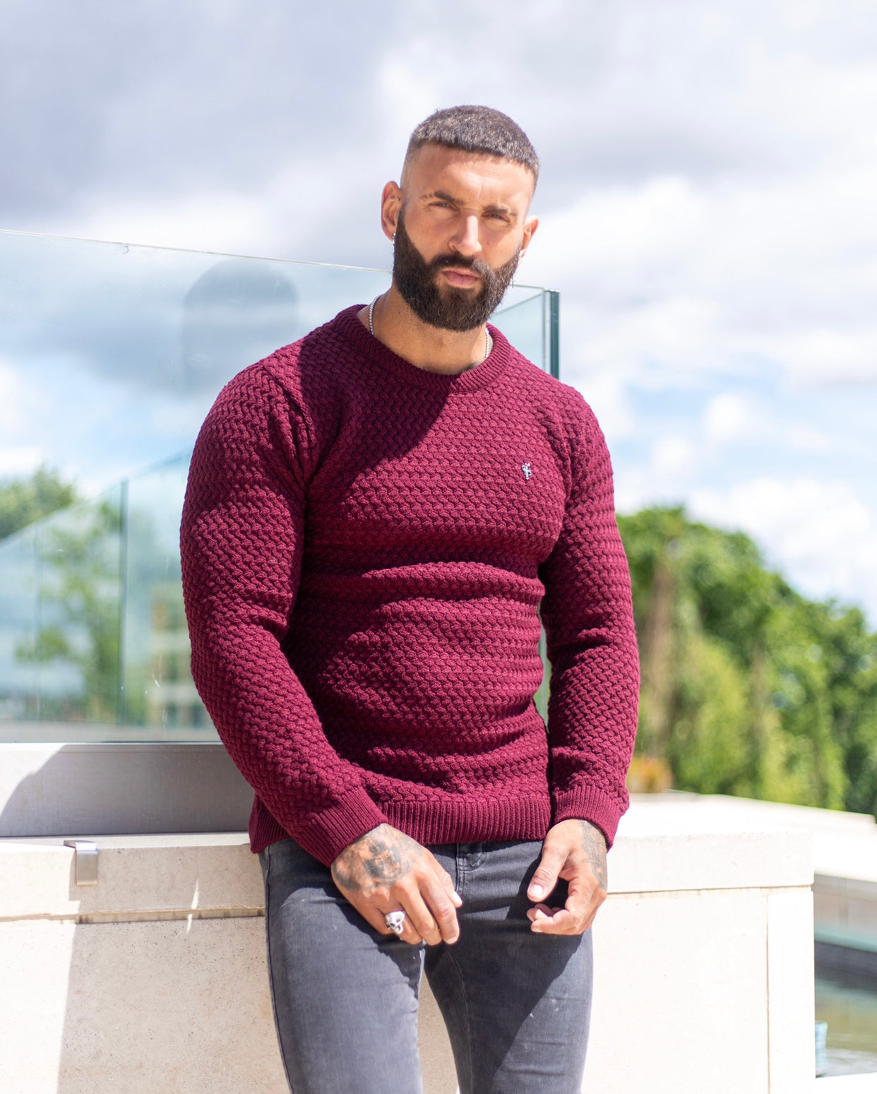 Burgundy Knitted Weave Super Slim Jumper With Metal Decal - FSJ017