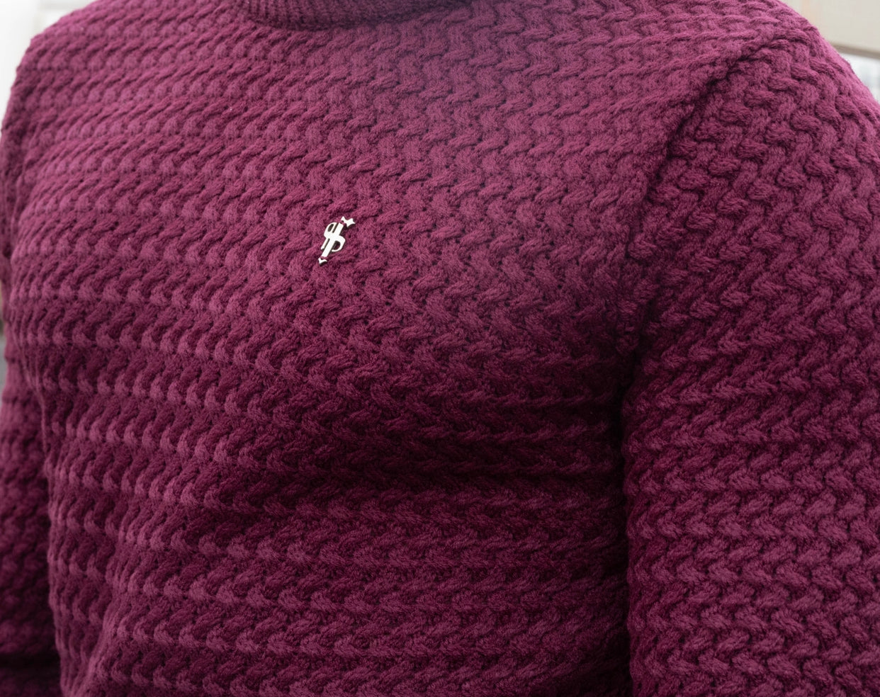Burgundy Knitted Weave Super Slim Jumper With Metal Decal - FSJ017