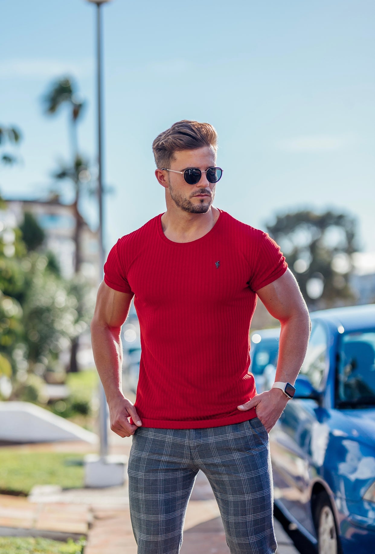 Classic Red Ribbed Knit Super Slim Short Sleeve Crew With Black Decal - FSH614