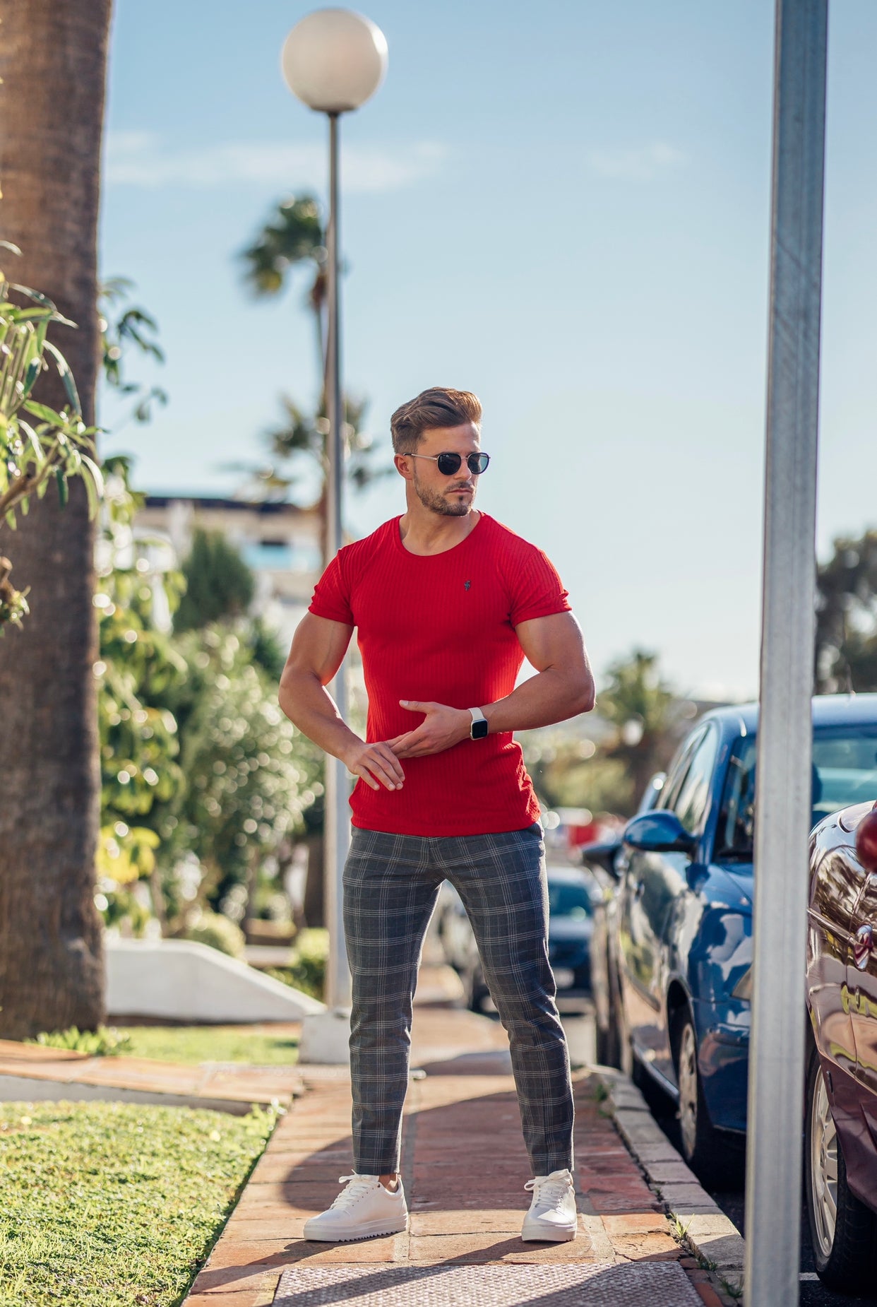 Classic Red Ribbed Knit Super Slim Short Sleeve Crew With Black Decal - FSH614