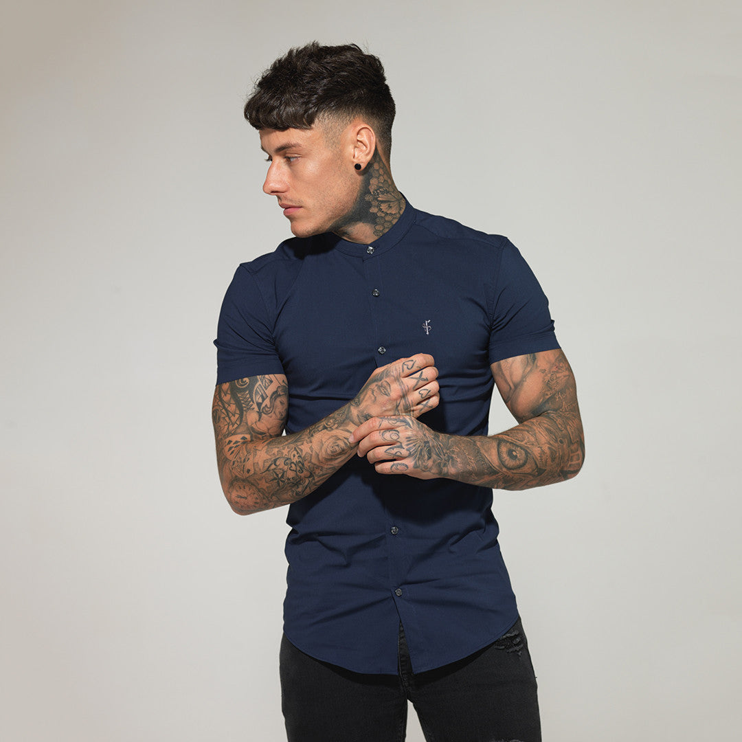 Super Slim Stretch Classic Navy Grandad Collar Short Sleeve - FS182