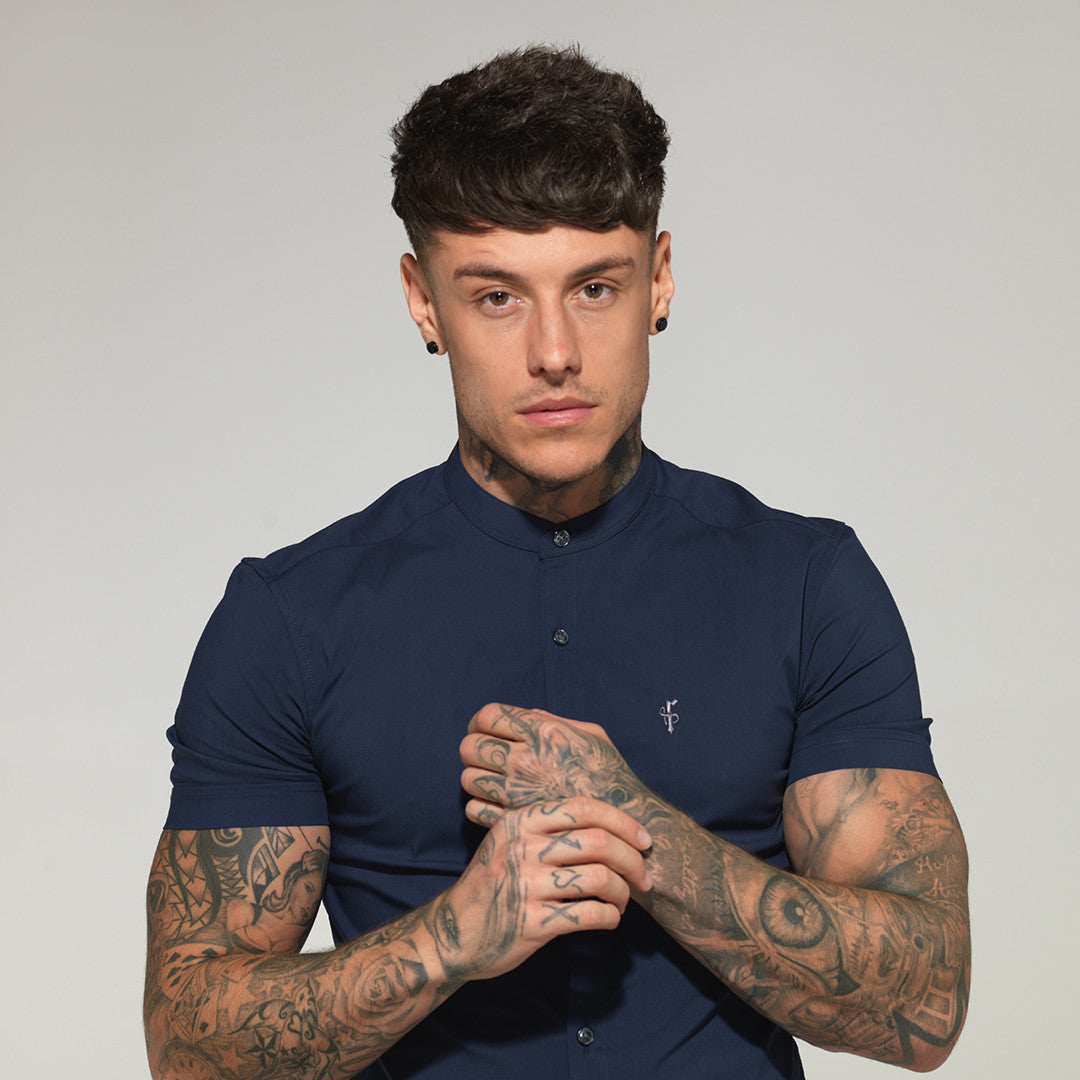 Super Slim Stretch Classic Navy Grandad Collar Short Sleeve - FS182