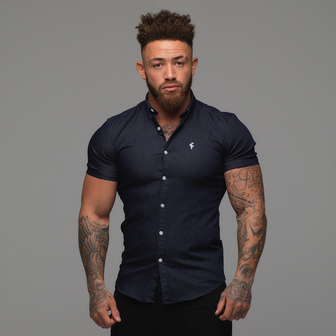 Super Slim Stretch Navy Denim Short Sleeve - FS167