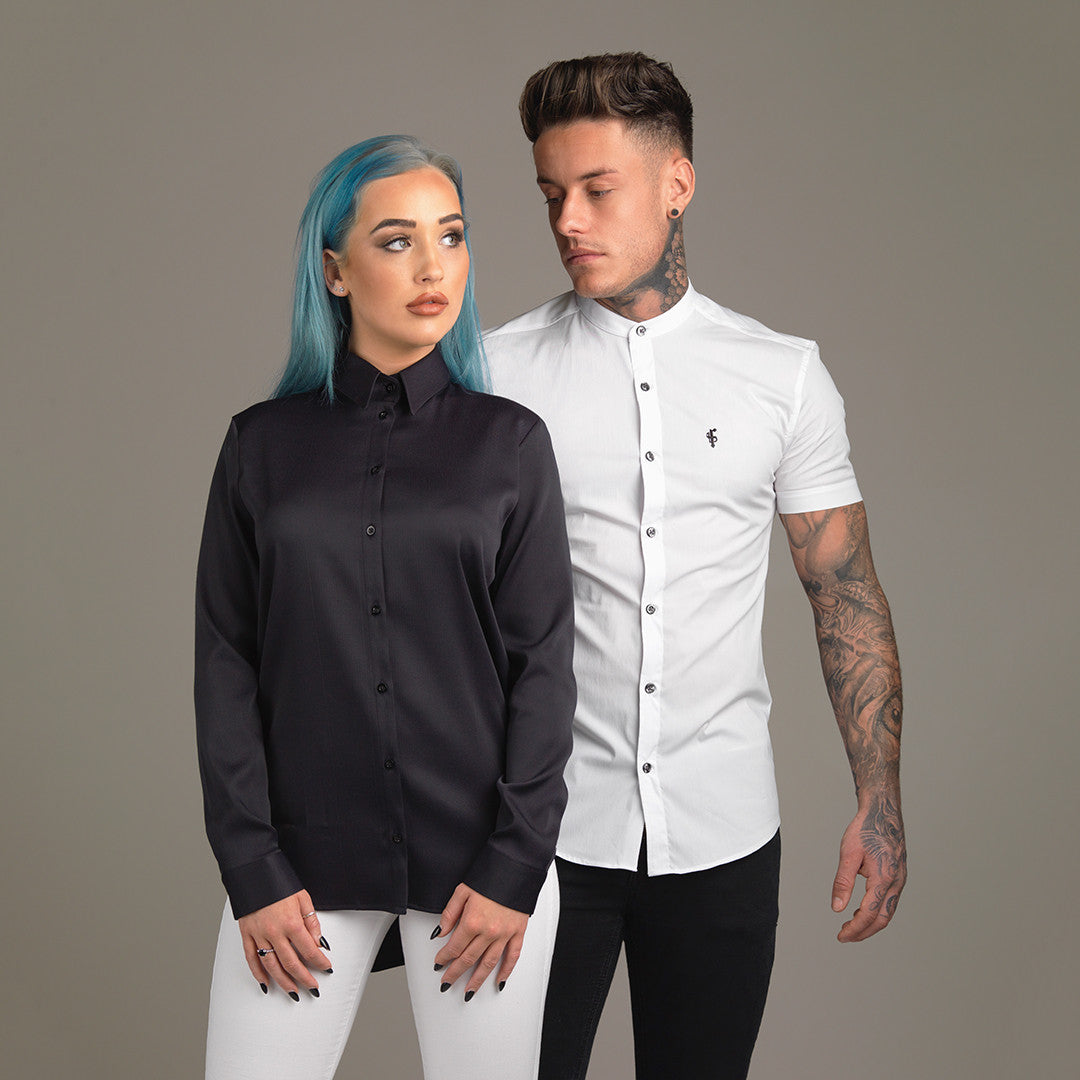 Super Slim Stretch Classic White Grandad Collar Short Sleeve - FS172