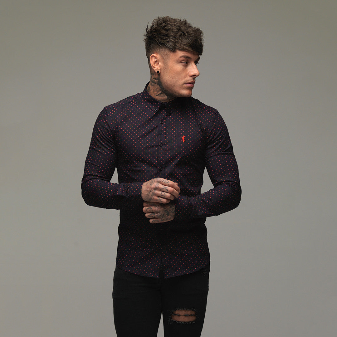 Super Slim Stretch Navy & Red Ditsy Print Long Sleeve (Red Embroidery) - FS092R
