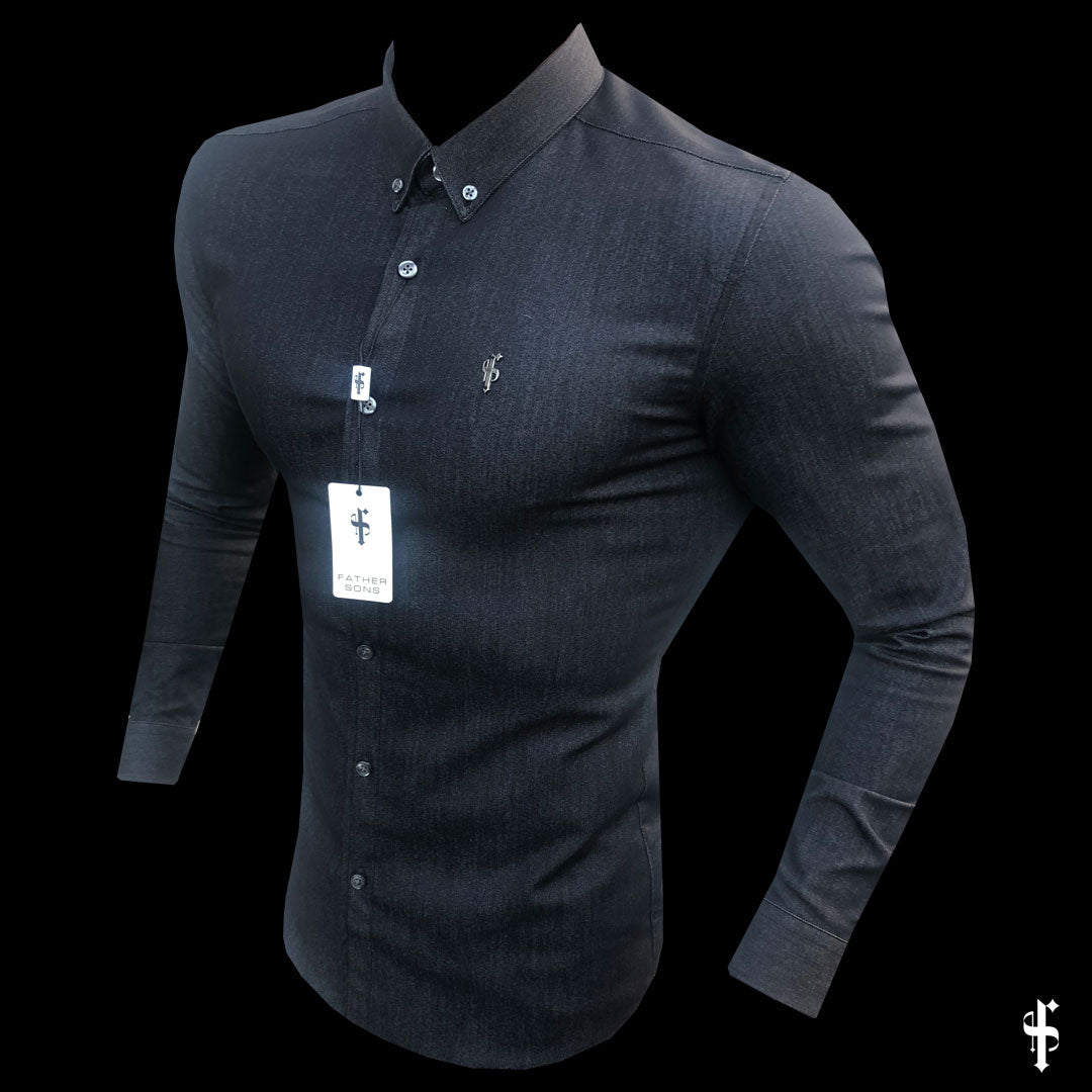 Super Slim Stretch Charcoal Grey Denim Long Sleeve with Metal Decal Emblem - FS640